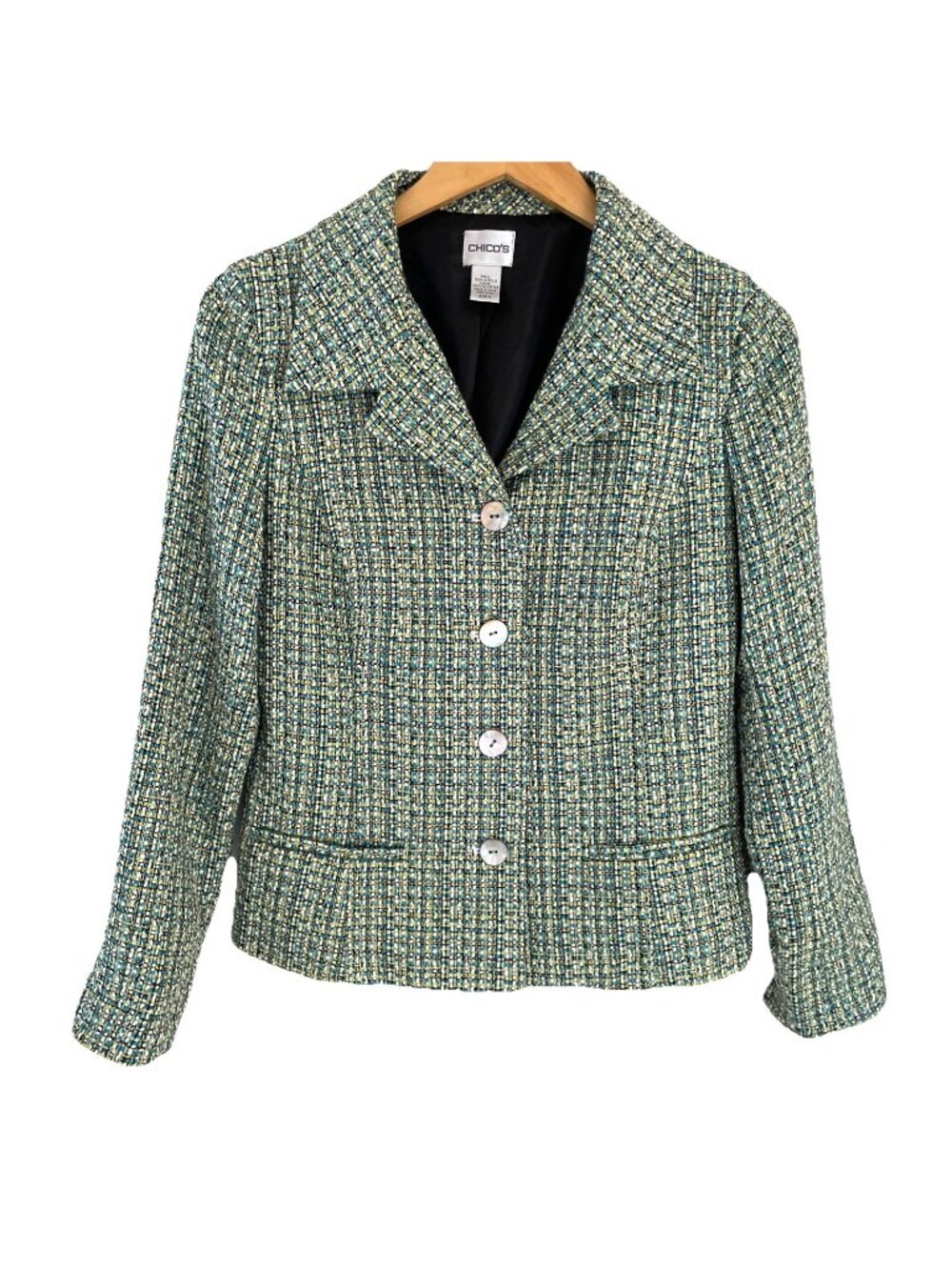 Chico's Women's Tweed Blazer Jacket Size Smal Green Lined Colorful Preppy Office